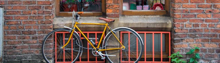 A bike leaning against a wall.